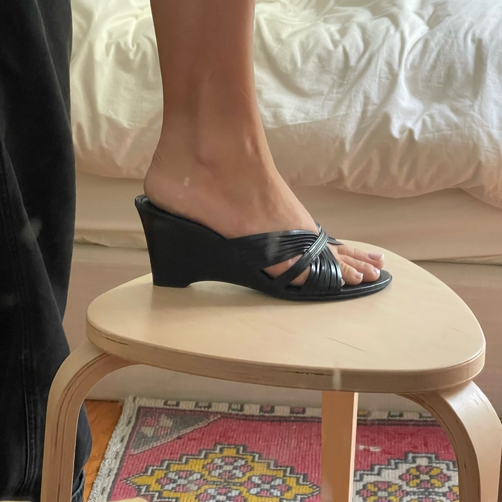 SOLD Franco Sarto Black Wedge Heeled Sandals Kitten Heel Leather